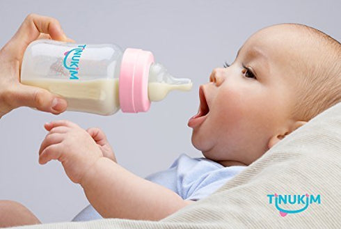 Tinukim iFeed 9 Ounce Self Feeding Baby Bottle with Tube - Handless Anti-Colic Nursing System, Pink - 2-Pack